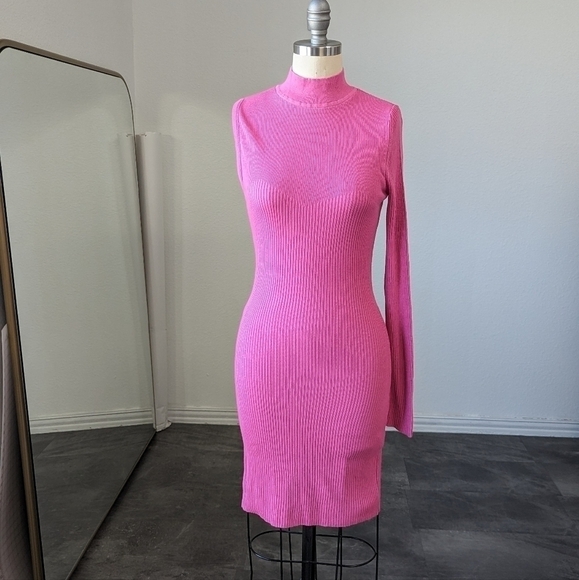 NEW Asos One Sleeve Mock Neck Ribbed Knit Dress Pink 8 chic fall spring street - Picture 2 of 7